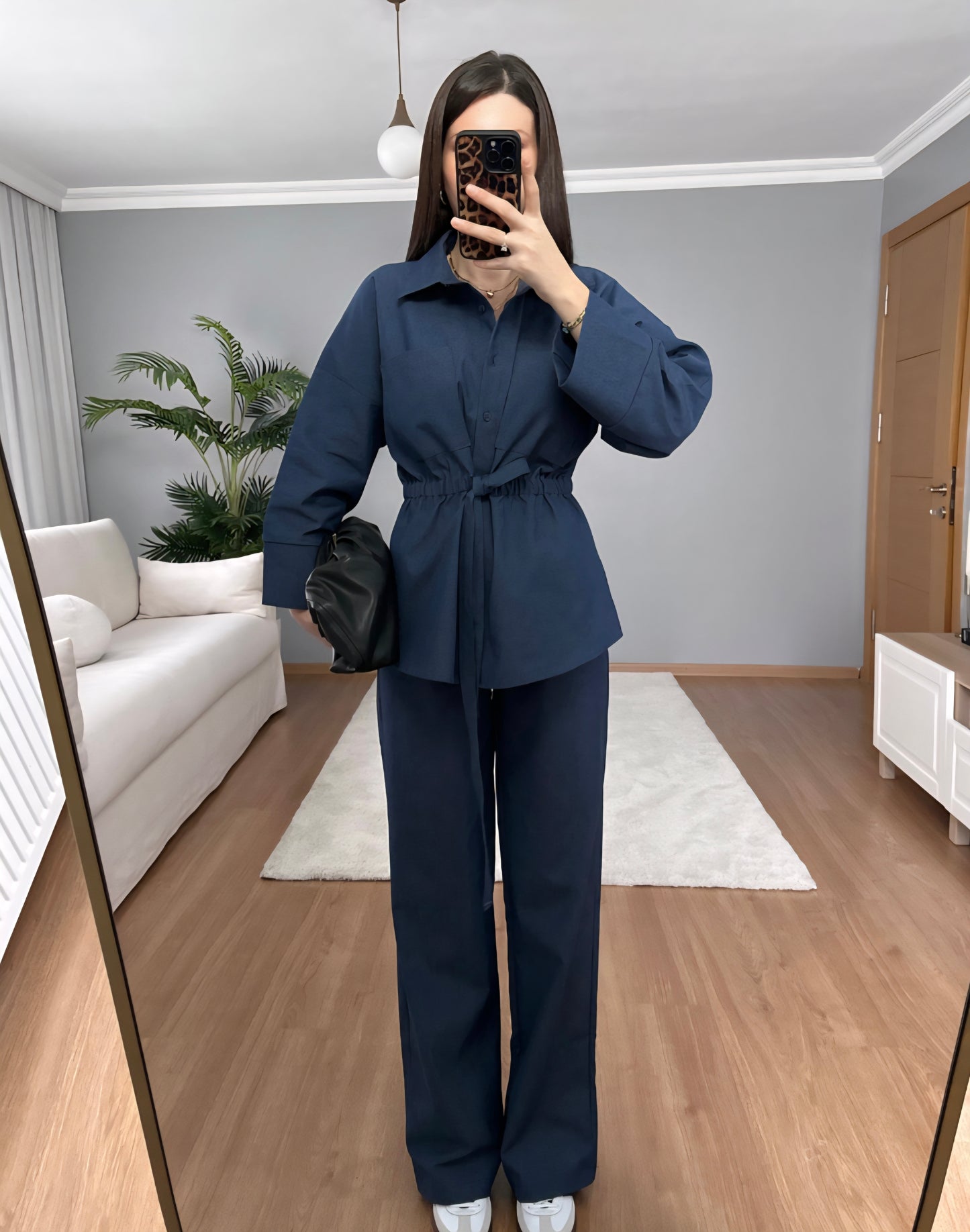 Wide sleeve belted shirt with elastic waistband trouser gabardine co-ord set