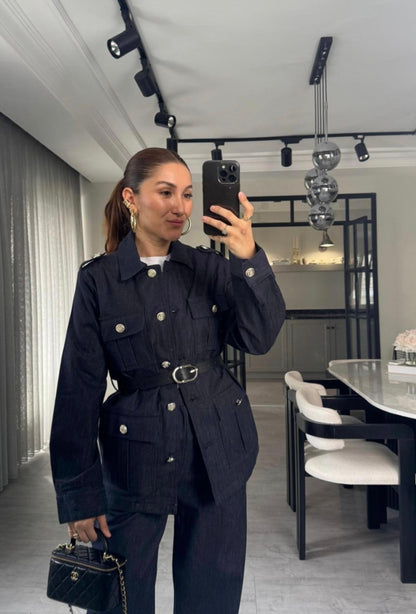 Belted double Pocket jeans suit