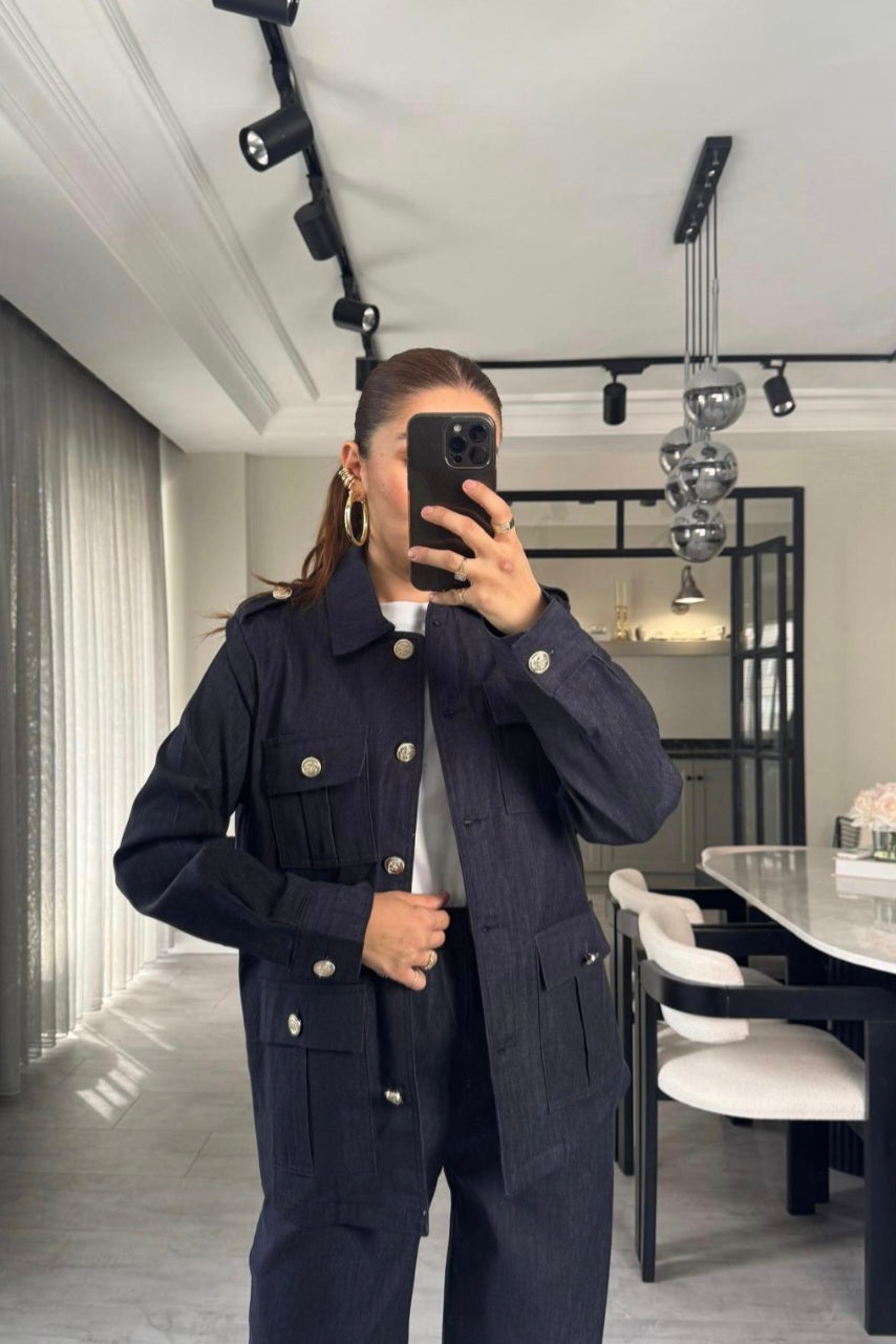 Belted double Pocket jeans suit