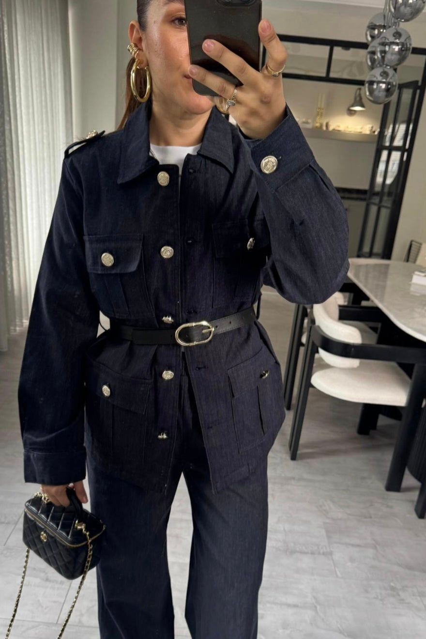Belted double Pocket jeans suit