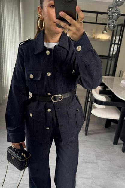 Belted double Pocket jeans suit