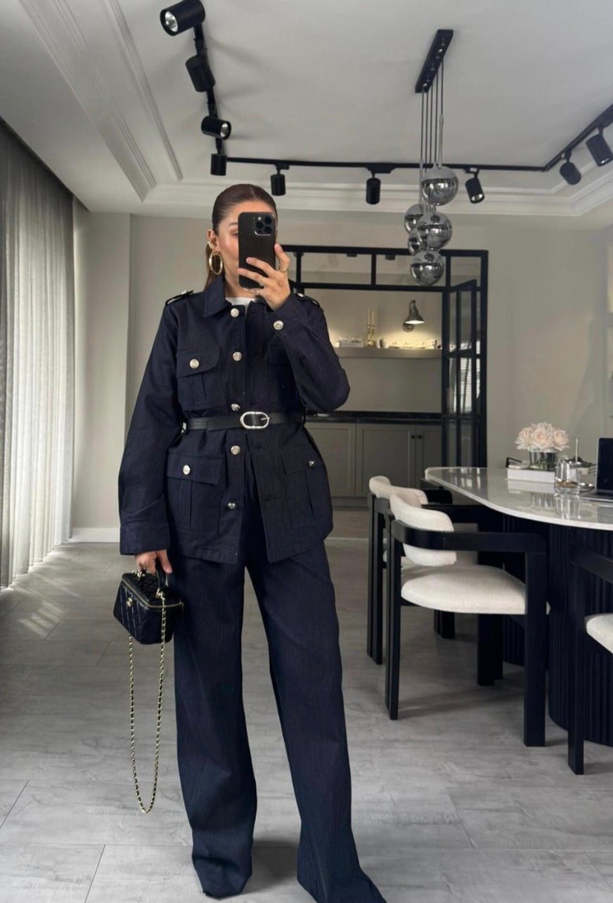 Belted double Pocket jeans suit