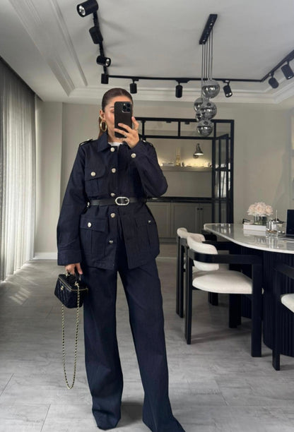 Belted double Pocket jeans suit