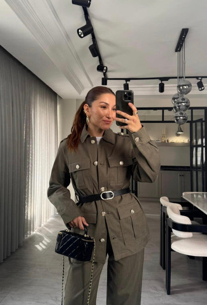 Belted double Pocket jeans suit
