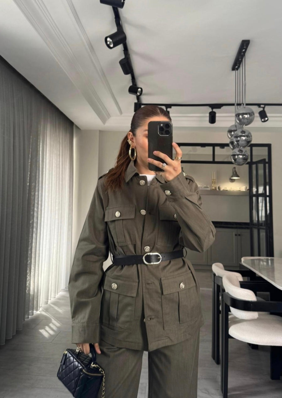 Belted double Pocket jeans suit