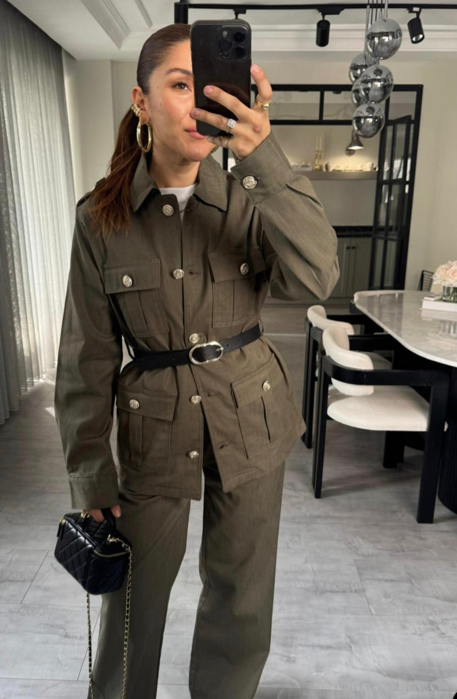 Belted double Pocket jeans suit