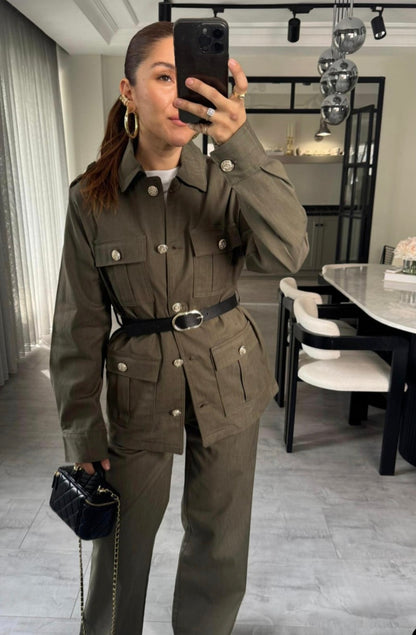 Belted double Pocket jeans suit