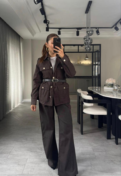 Belted double Pocket jeans suit