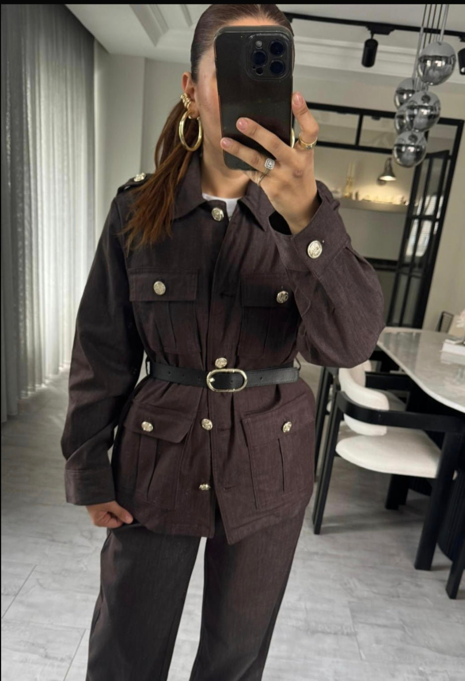 Belted double Pocket jeans suit