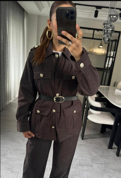 Belted double Pocket jeans suit