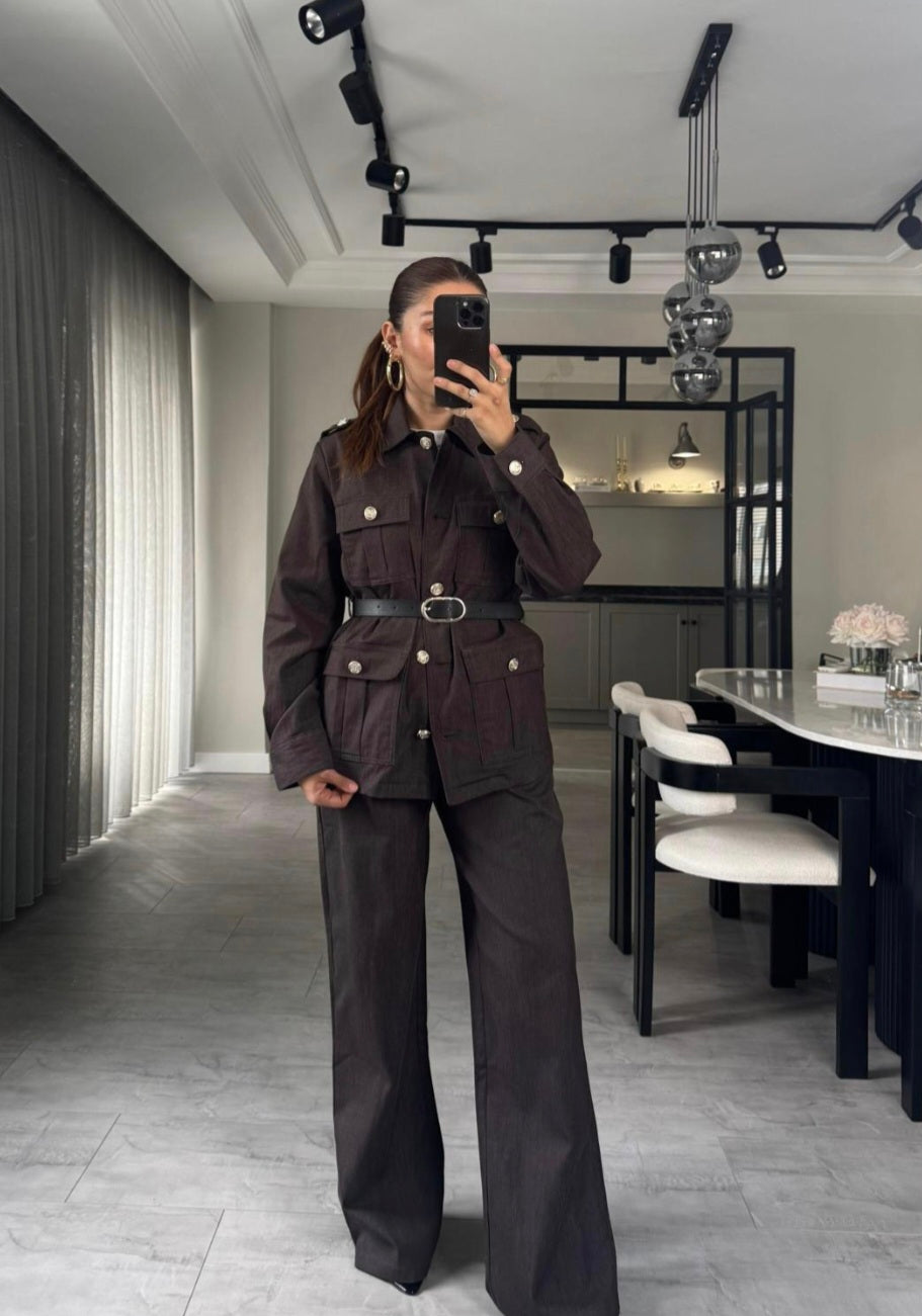 Belted double Pocket jeans suit