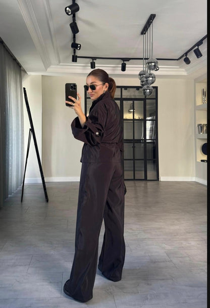 Safari jacket with drawstring High-waisted pants with a wide elastic Two-Piece Set (brown)
