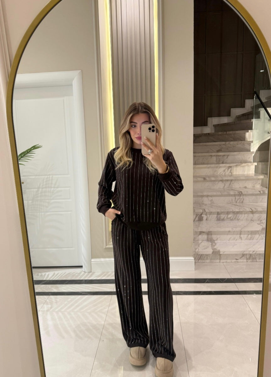 Coffee Stone oysho fabric Embellished Sweatshirt and Pants Set