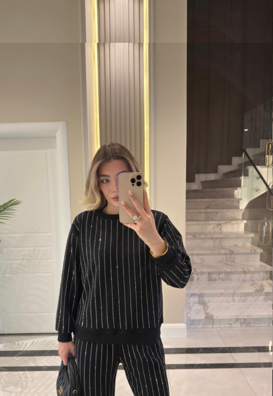 Black Stone oysho fabric Embellished Sweatshirt and Pants Set