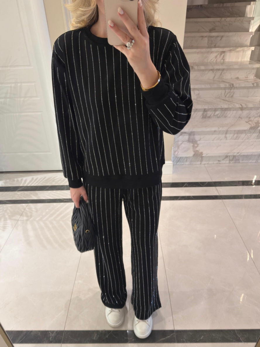 Black Stone oysho fabric Embellished Sweatshirt and Pants Set