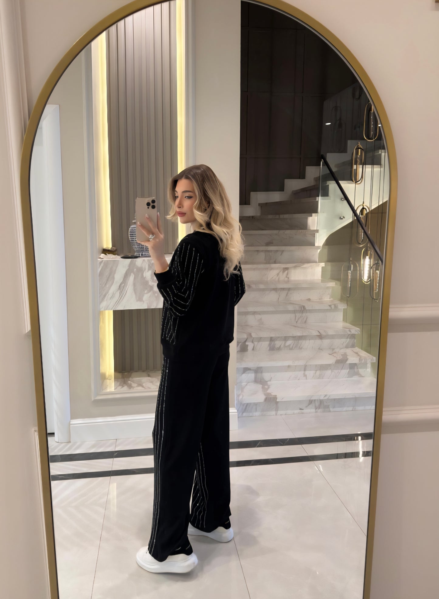 Black Stone oysho fabric Embellished Sweatshirt and Pants Set
