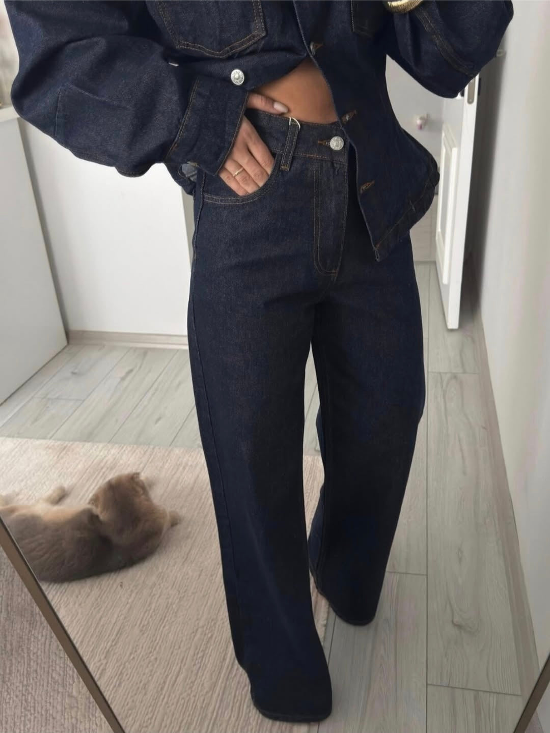 Belted jeans jacket ,straight leg trouser co-ord set
