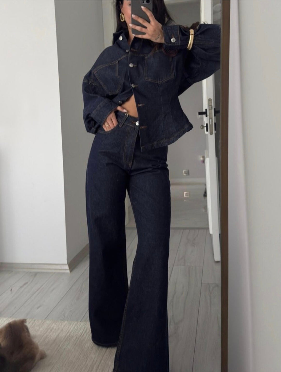 Belted jeans jacket ,straight leg trouser co-ord set
