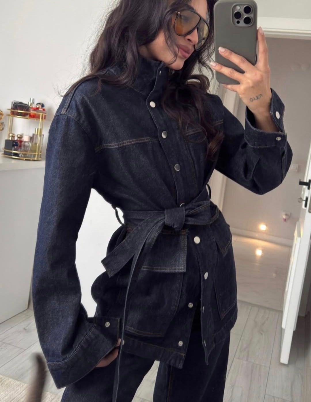 Belted jeans jacket ,straight leg trouser co-ord set