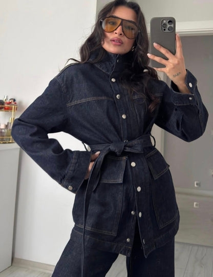 Belted jeans jacket ,straight leg trouser co-ord set