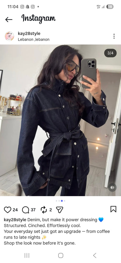 Belted jeans jacket ,straight leg trouser co-ord set