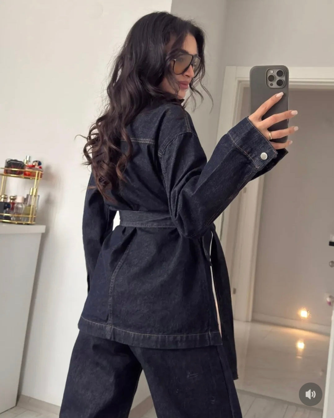 Belted jeans jacket ,straight leg trouser co-ord set