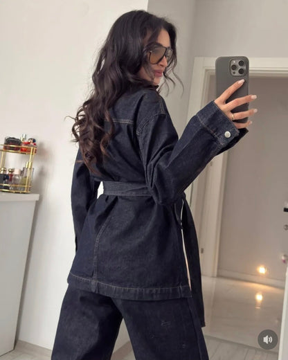 Belted jeans jacket ,straight leg trouser co-ord set