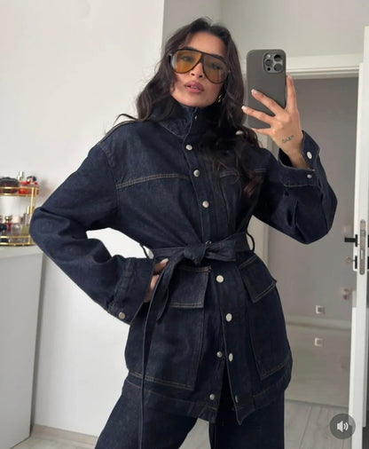 Belted jeans jacket ,straight leg trouser co-ord set