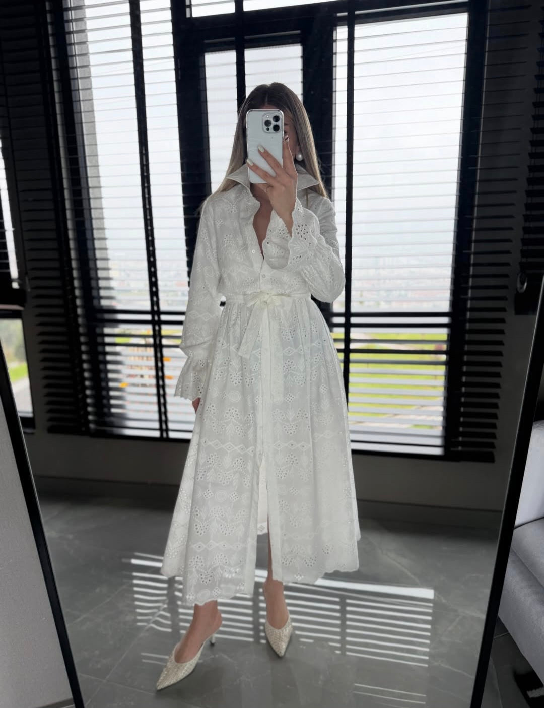 Belted Openwork embroidery dress with ruffle sleeves