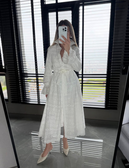 Belted Openwork embroidery dress with ruffle sleeves