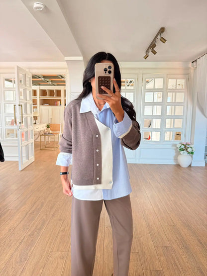 Knitted Detail Shirt  - Mocha Brown