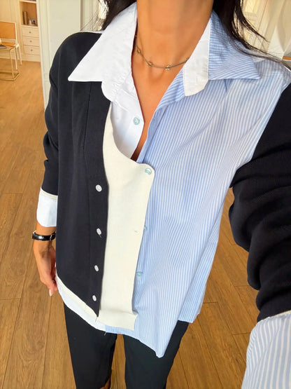 Knitted Detail Shirt  - navy blue