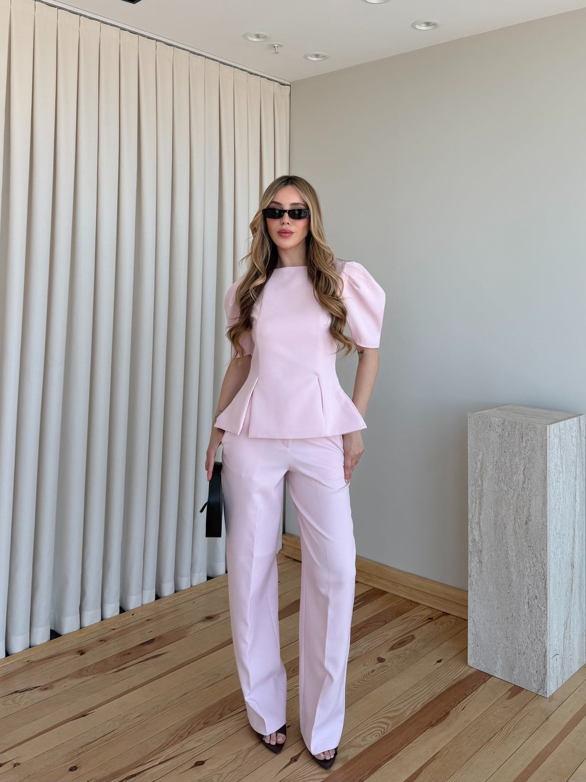 Pink Mateo Balloon Sleeve Blouse and Pants Set