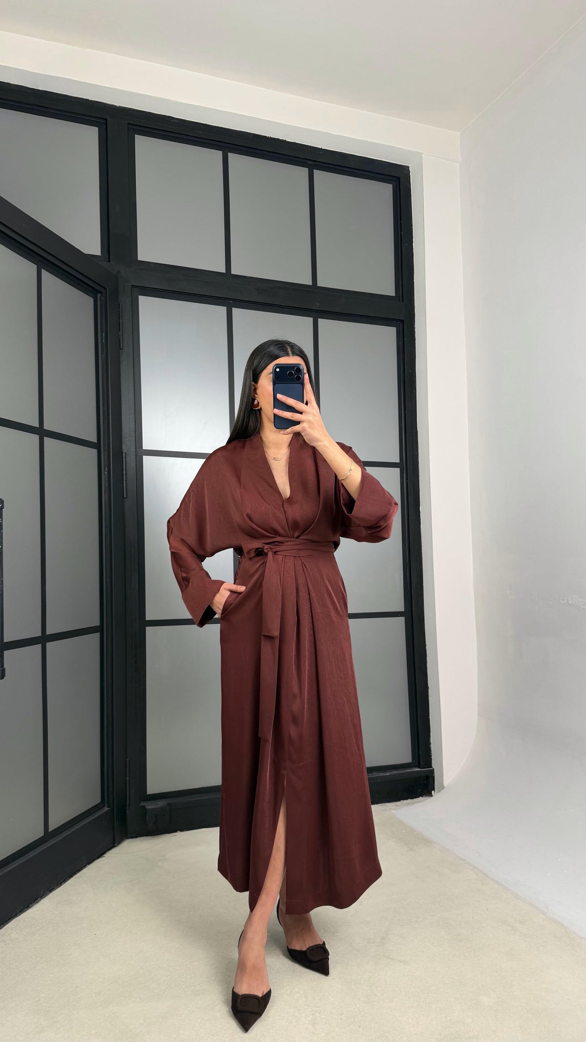 Premium Satin Dress with Slit and Belt