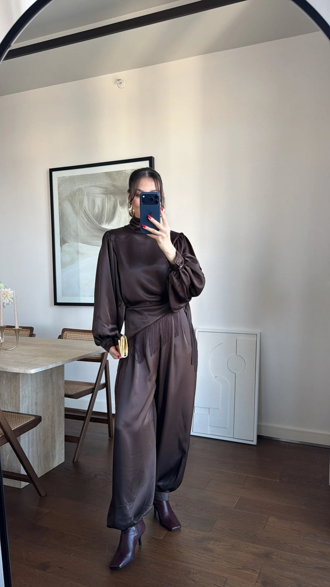 TIE-UP SATIN BLOUSE AND BELT-STYLE HARLING PANTS SET