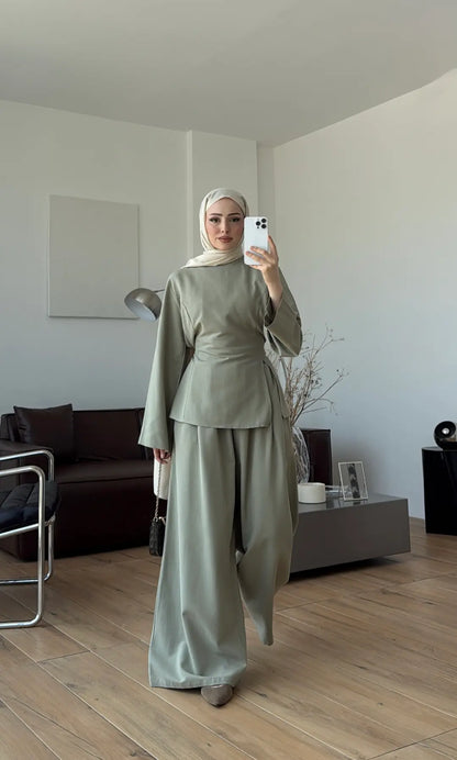 Vera Slit Detail Linen Set - Light Green