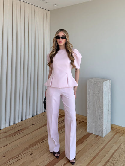 Pink Mateo Balloon Sleeve Blouse and Pants Set
