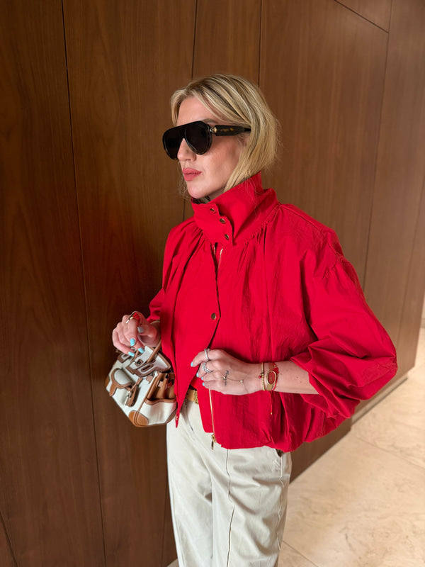 Parachute fabric High-Neck Bomber with gold snaps  - Red