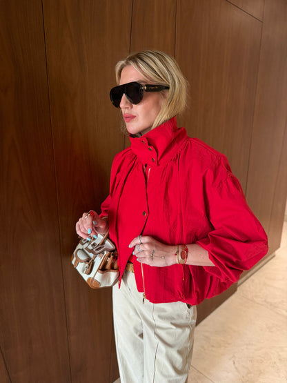 Parachute fabric High-Neck Bomber with gold snaps  - Red