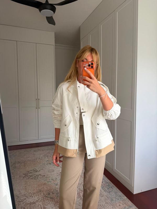 White High-Neck Jacket with Gathered Waist