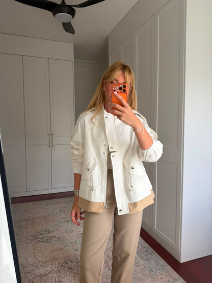 White High-Neck Jacket with Gathered Waist