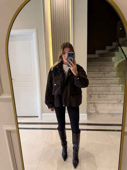 Jacket with gathered sides and sequined shoulders - brown