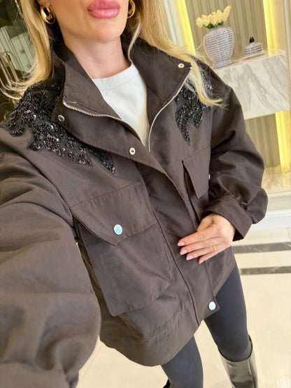Jacket with gathered sides and sequined shoulders - brown