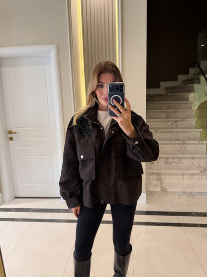Jacket with gathered sides and sequined shoulders - brown