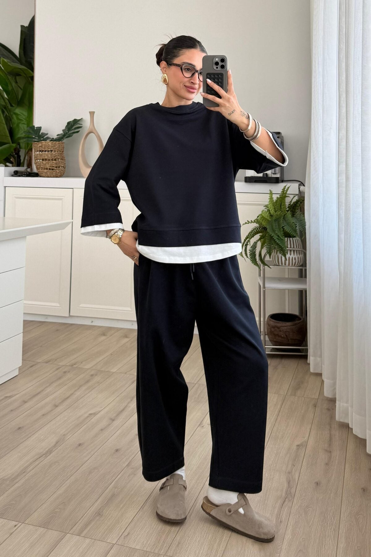 T-shirt Detail Sweatshirt Pants cotton Set -navy blue
