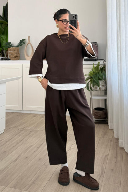 T-shirt Detail Sweatshirt Pants cotton Set -brown