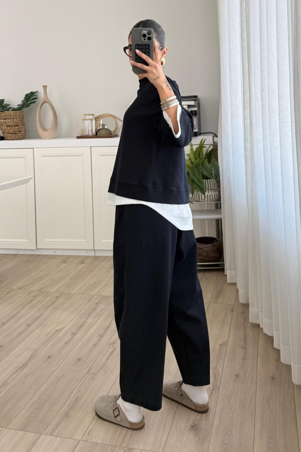 T-shirt Detail Sweatshirt Pants cotton Set -navy blue