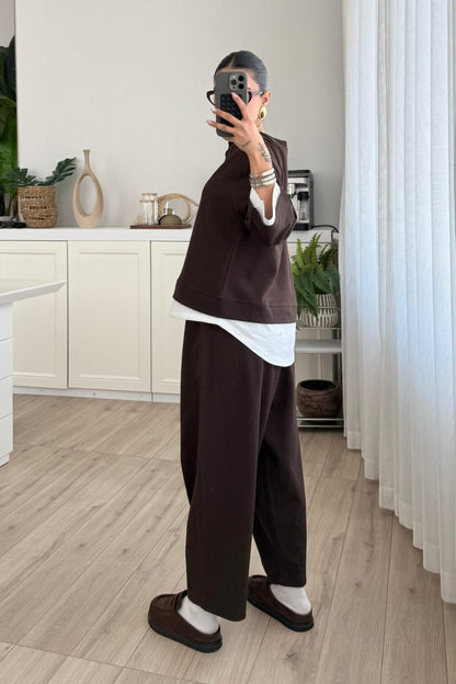 T-shirt Detail Sweatshirt Pants cotton Set -brown