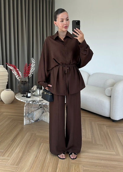 Oversized shirt with belt, waistband straight leg trouser co-ord set - brown