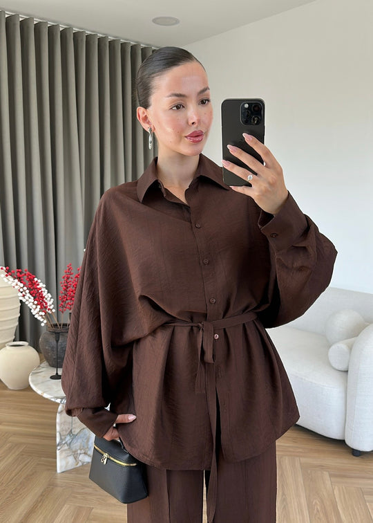 Oversized shirt with belt, waistband straight leg trouser co-ord set - brown